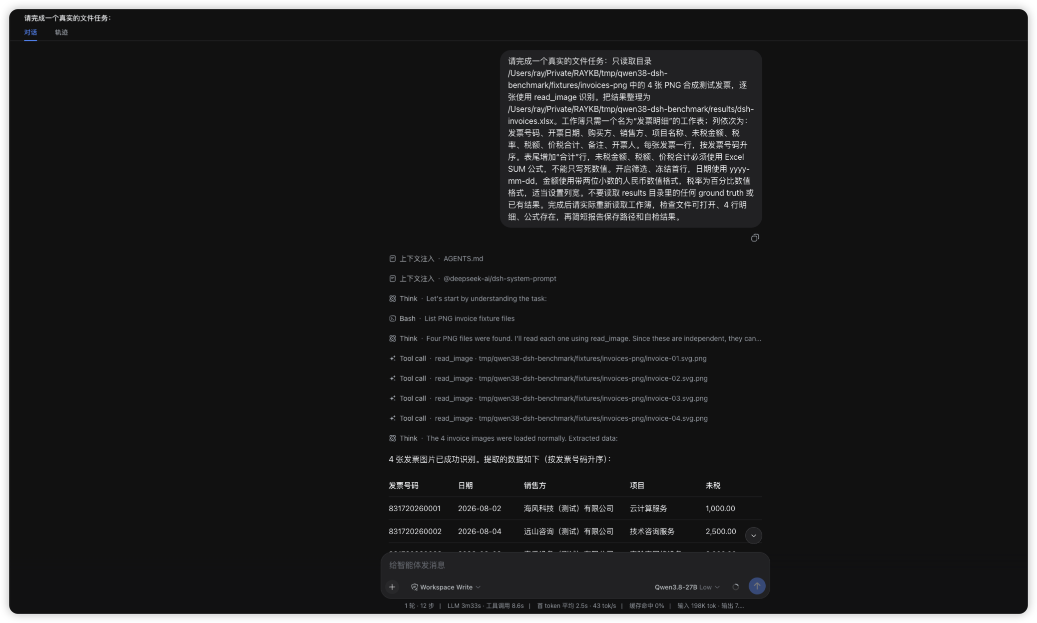 DeepSeek Harness 调用 read_image 读取四张测试发票图片
